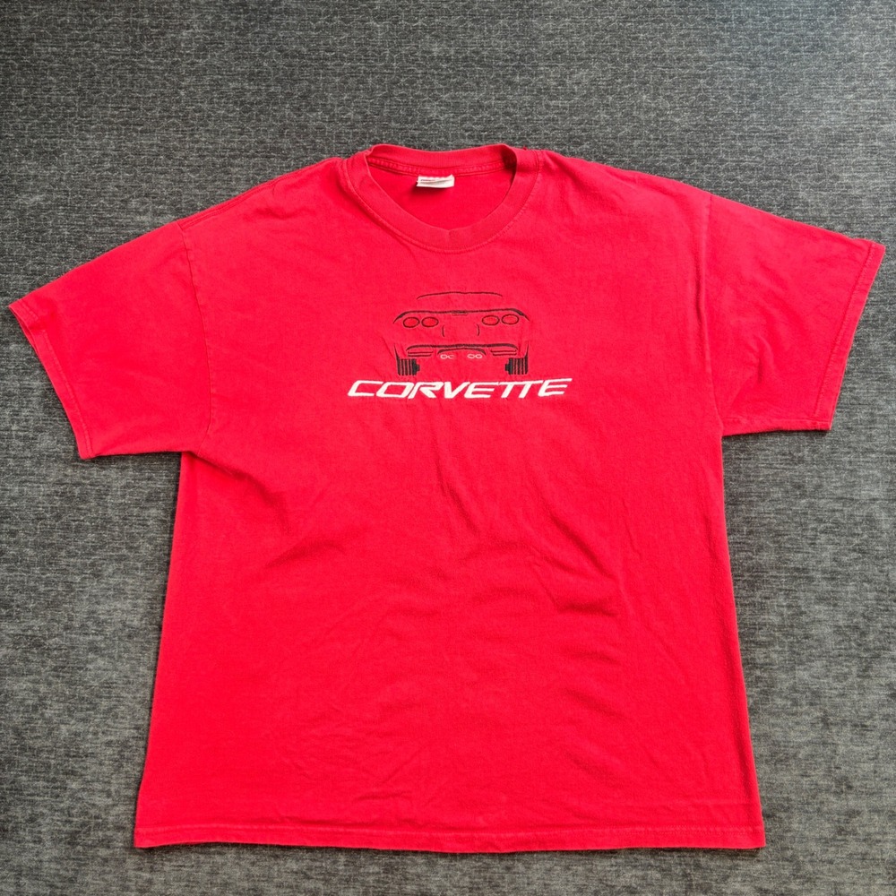 Corvette Red Graphic T-Shirt Mens XL Embroidered Chevy Sports Car Hanes Beefy